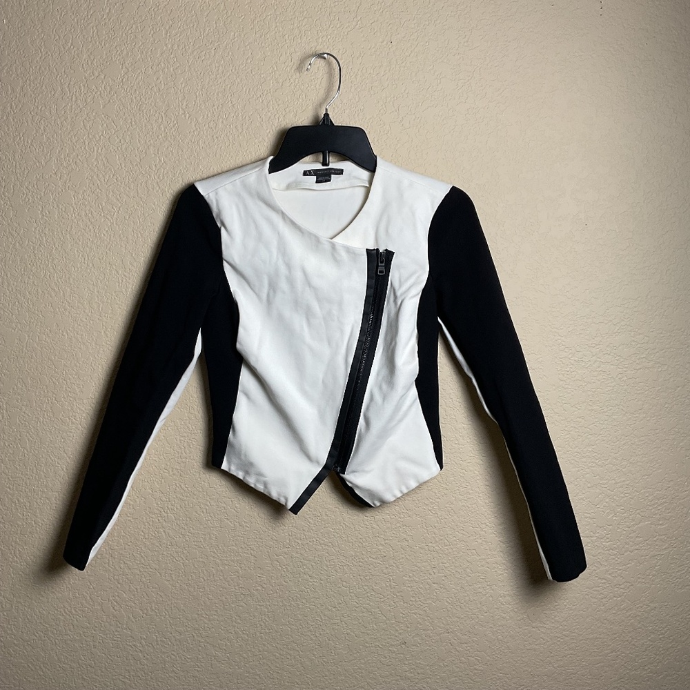 Armani‎ Exchange Womens Small White Black Colorblock Moto Jacket